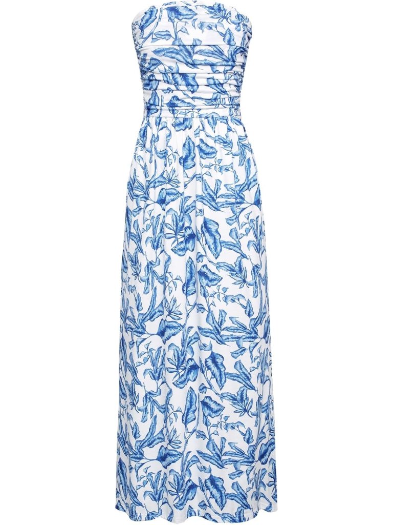 Blue White Leaf Print Women’s Strapless Ruched Maxi Dress Empire Waist Pockets